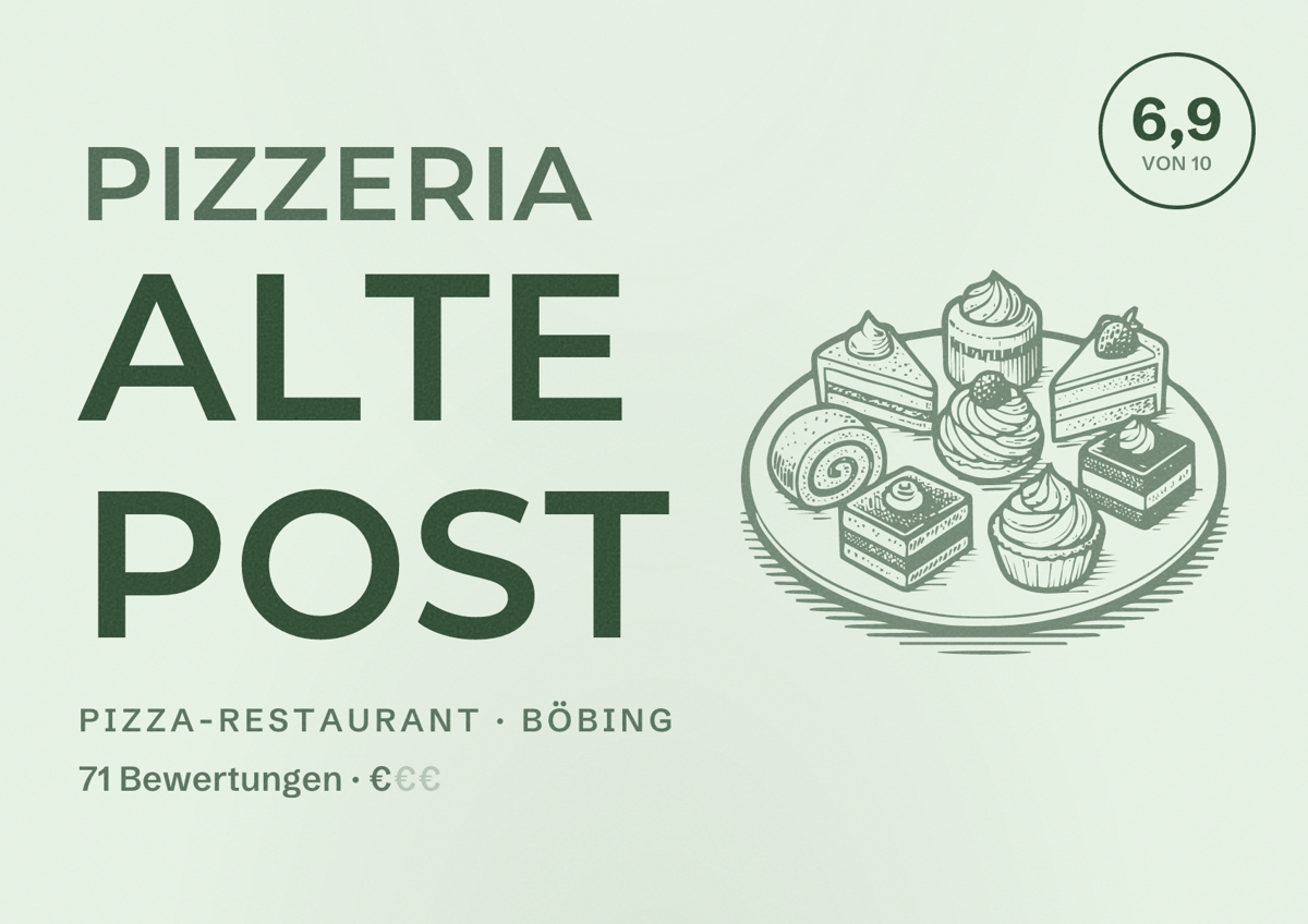 Illustriertes Poster von Pizzeria Alte Post, Pizza-Restaurant in Böbing: Bewertung 6,9 von 10 aus 71 Bewertungen, Preisniveau €
