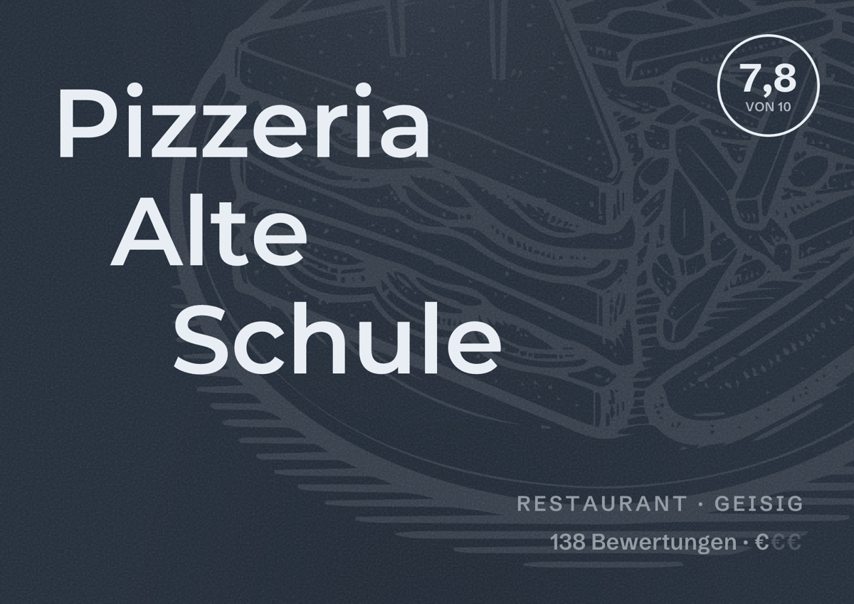Illustriertes Poster von Pizzeria Alte Schule, Restaurant in Geisig: Bewertung 7,8 von 10 aus 138 Bewertungen, Preisniveau €