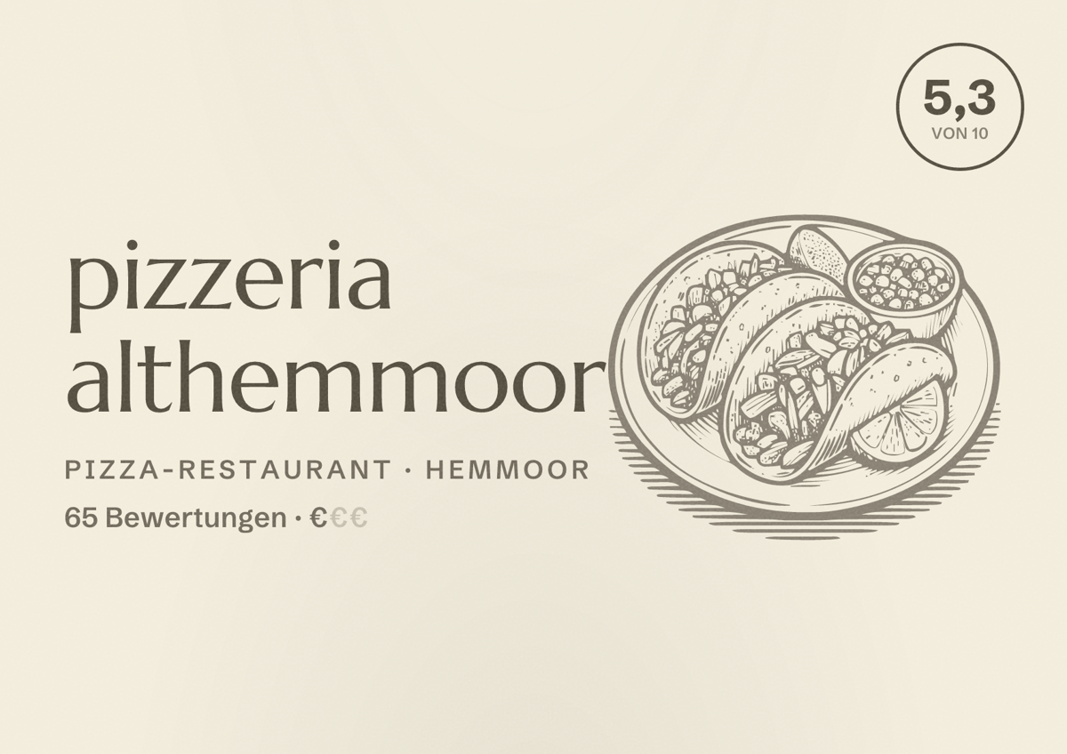 Illustriertes Poster von pizzeria althemmoor, Pizza-Restaurant in Hemmoor: Bewertung 5,3 von 10 aus 65 Bewertungen, Preisniveau €