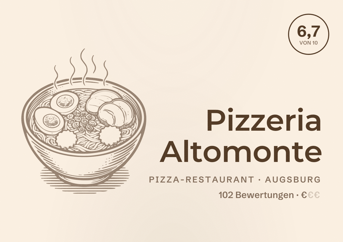 Illustriertes Poster von Pizzeria Altomonte, Pizza-Restaurant in Augsburg: Bewertung 6,7 von 10 aus 102 Bewertungen, Preisniveau €