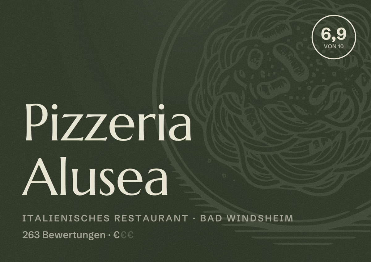 Illustriertes Poster von Pizzeria Alusea, Italienisches Restaurant in Bad Windsheim: Bewertung 6,9 von 10 aus 263 Bewertungen, Preisniveau €