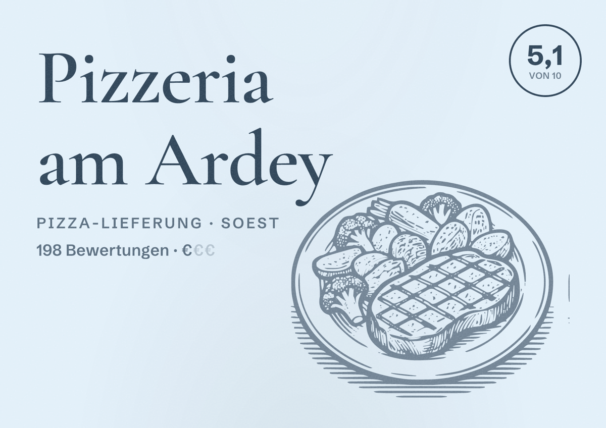 Illustriertes Poster von Pizzeria am Ardey, Pizza-Lieferung in Soest: Bewertung 5,1 von 10 aus 198 Bewertungen, Preisniveau €