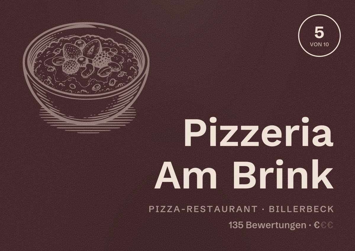 Illustriertes Poster von Pizzeria Am Brink, Pizza-Restaurant in Billerbeck: Bewertung 5 von 10 aus 135 Bewertungen, Preisniveau €