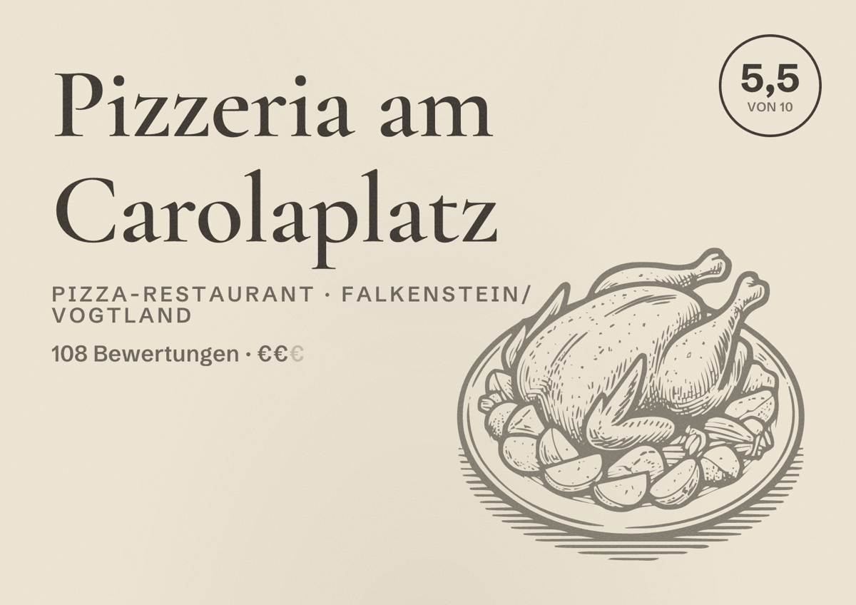 Illustriertes Poster von Pizzeria am Carolaplatz, Pizza-Restaurant in Falkenstein/Vogtland: Bewertung 5,5 von 10 aus 108 Bewertungen, Preisniveau €€