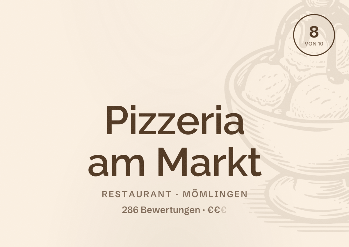 Illustriertes Poster von Pizzeria am Markt, Restaurant in Mömlingen: Bewertung 8 von 10 aus 286 Bewertungen, Preisniveau €€