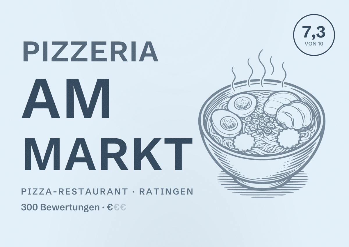 Illustriertes Poster von Pizzeria Am Markt, Pizza-Restaurant in Ratingen: Bewertung 7,3 von 10 aus 300 Bewertungen, Preisniveau €