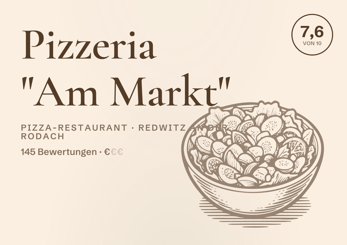 Illustriertes Poster von Pizzeria "Am Markt", Pizza-Restaurant in Redwitz an der Rodach: Bewertung 7,6 von 10 aus 145 Bewertungen, Preisniveau €