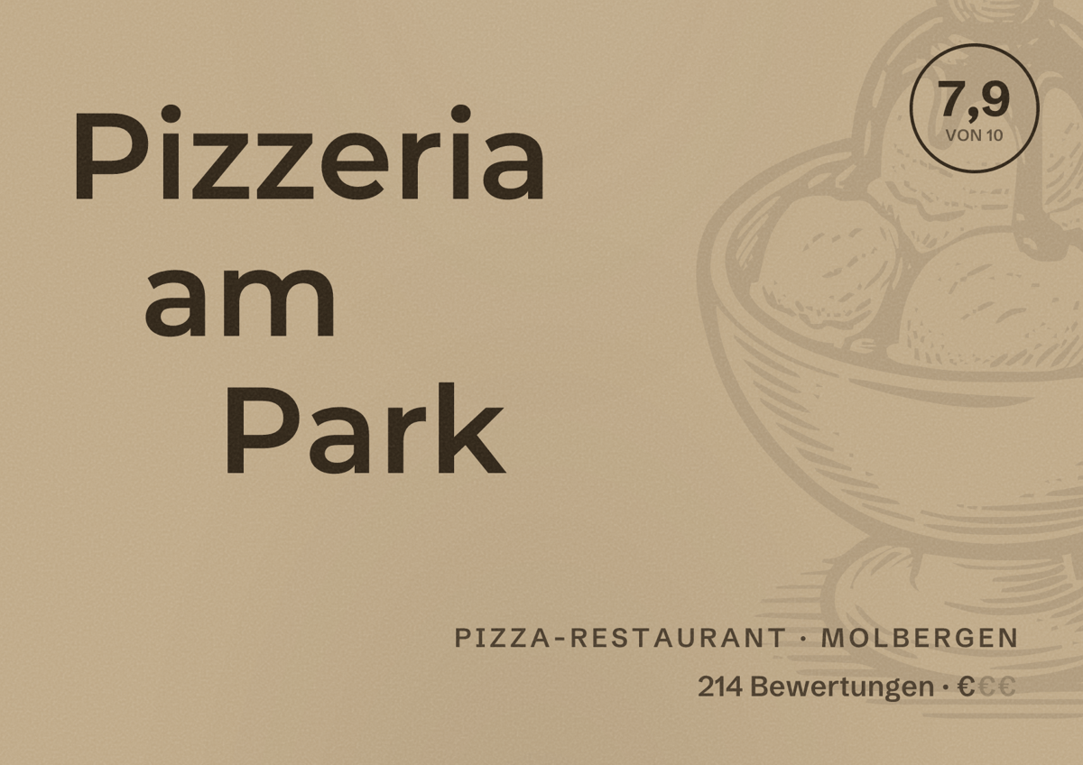 Illustriertes Poster von Pizzeria am Park, Pizza-Restaurant in Molbergen: Bewertung 7,9 von 10 aus 214 Bewertungen, Preisniveau €