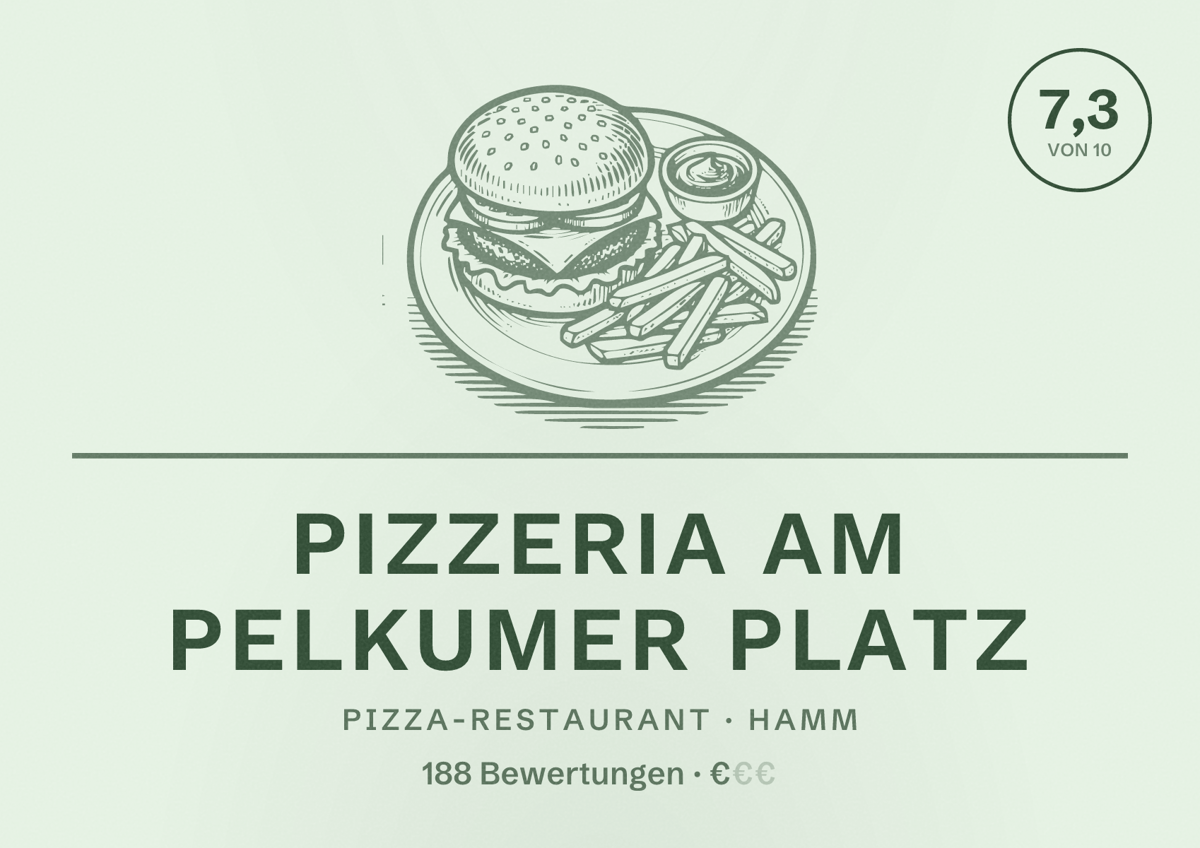 Illustriertes Poster von Pizzeria am Pelkumer Platz, Pizza-Restaurant in Hamm: Bewertung 7,3 von 10 aus 188 Bewertungen, Preisniveau €