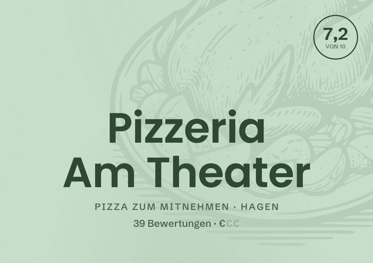 Illustriertes Poster von Pizzeria Am Theater, Pizza zum Mitnehmen in Hagen: Bewertung 7,2 von 10 aus 39 Bewertungen, Preisniveau €