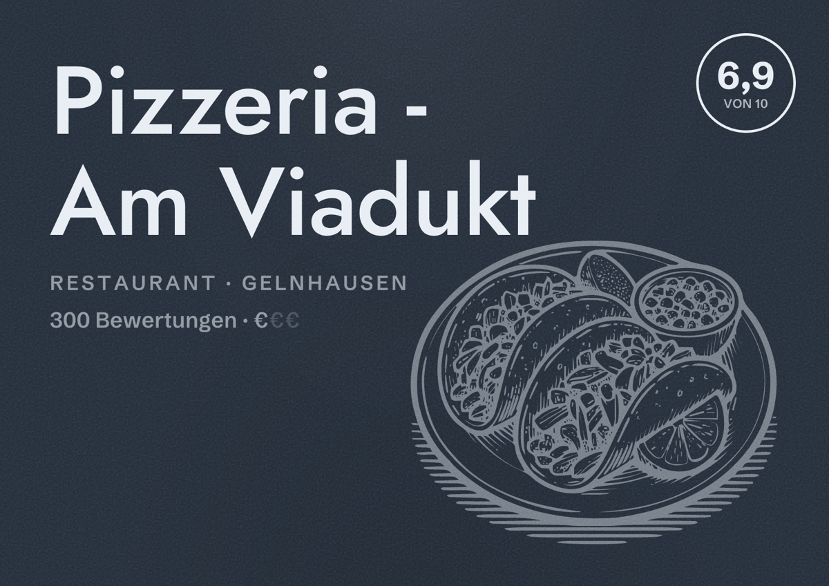 Illustriertes Poster von Pizzeria - Am Viadukt, Restaurant in Gelnhausen: Bewertung 6,9 von 10 aus 300 Bewertungen, Preisniveau €