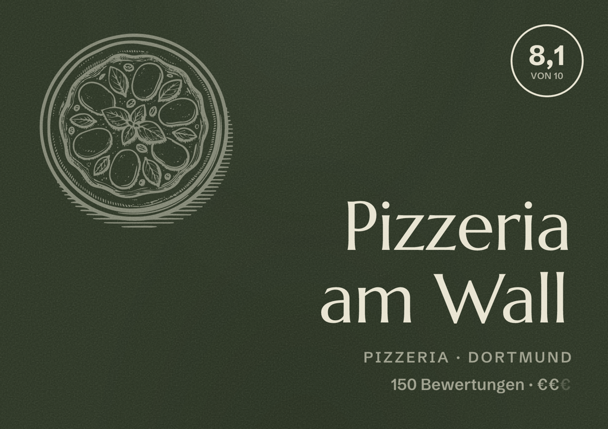 Illustriertes Poster von Pizzeria am Wall, Pizzeria in Dortmund: Bewertung 8,1 von 10 aus 150 Bewertungen, Preisniveau €€