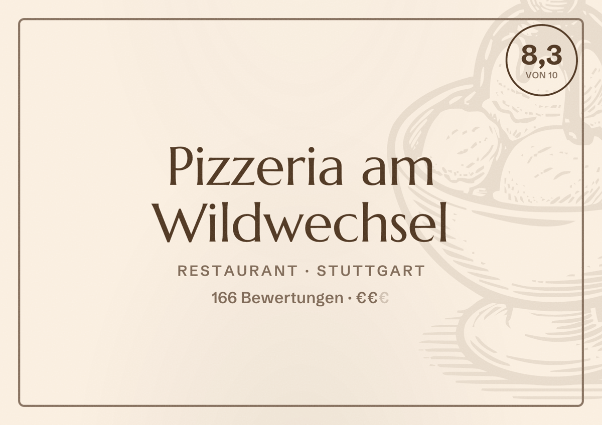 Illustriertes Poster von Pizzeria am Wildwechsel, Restaurant in Stuttgart: Bewertung 8,3 von 10 aus 166 Bewertungen, Preisniveau €€