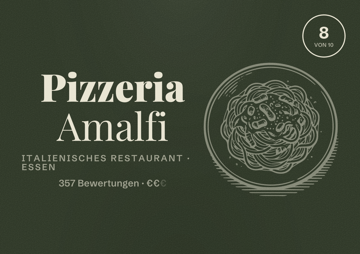 Illustriertes Poster von Pizzeria Amalfi, Italienisches Restaurant in Essen: Bewertung 8 von 10 aus 357 Bewertungen, Preisniveau €€