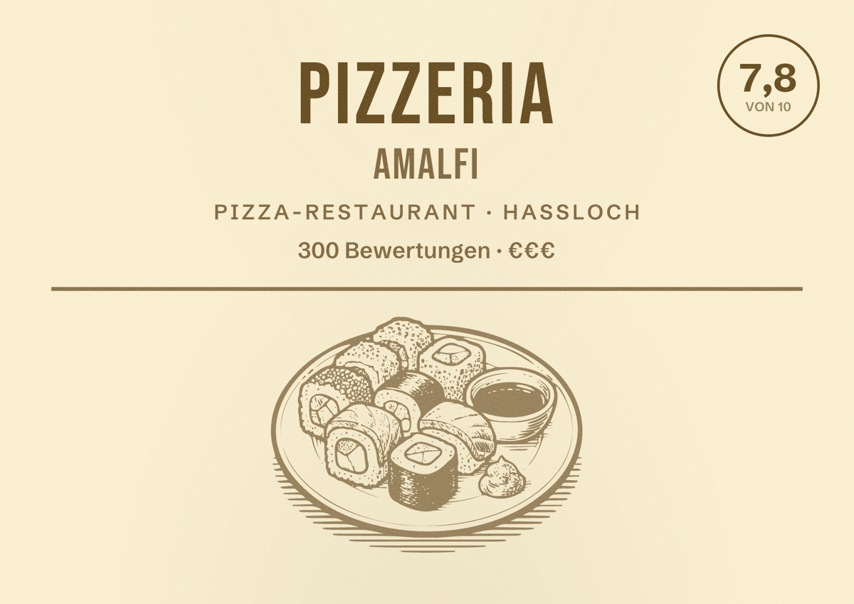 Illustriertes Poster von Pizzeria Amalfi, Pizza-Restaurant in Haßloch: Bewertung 7,8 von 10 aus 300 Bewertungen, Preisniveau €€€