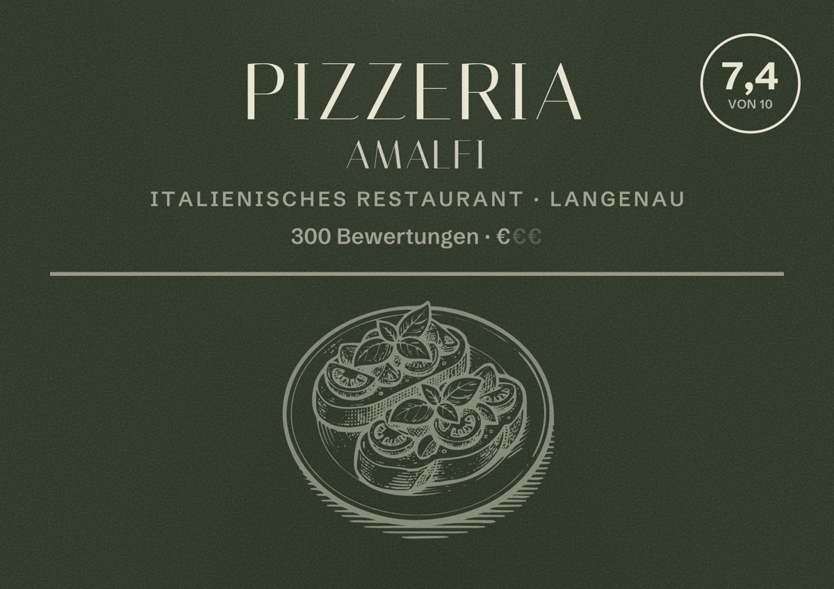 Illustriertes Poster von Pizzeria Amalfi, Italienisches Restaurant in Langenau: Bewertung 7,4 von 10 aus 300 Bewertungen, Preisniveau €