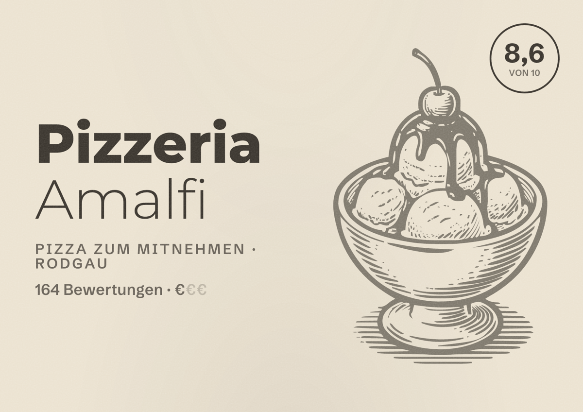 Illustriertes Poster von Pizzeria Amalfi, Pizza zum Mitnehmen in Rodgau: Bewertung 8,6 von 10 aus 164 Bewertungen, Preisniveau €