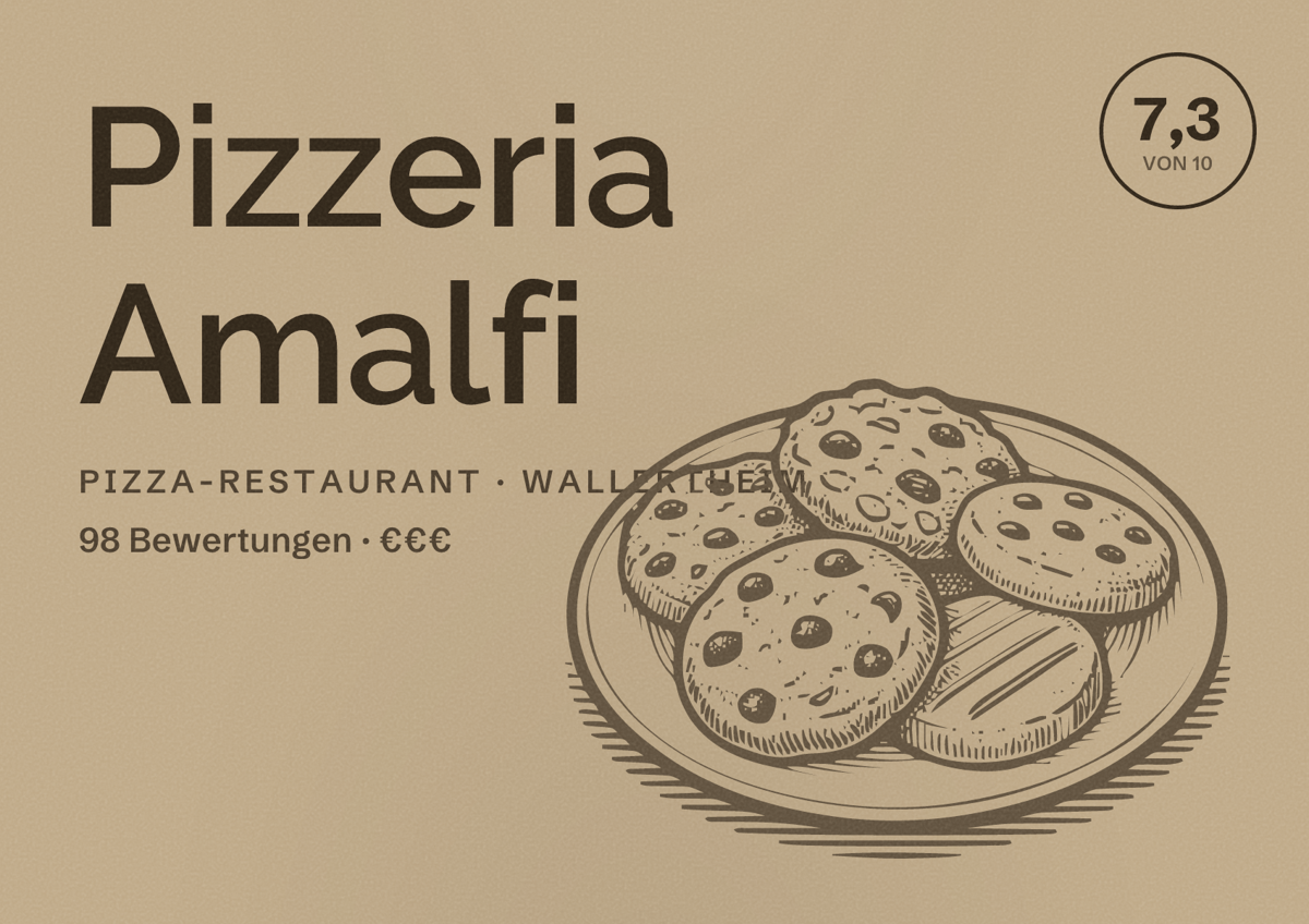 Illustriertes Poster von Pizzeria Amalfi, Pizza-Restaurant in Wallertheim: Bewertung 7,3 von 10 aus 98 Bewertungen, Preisniveau €€€