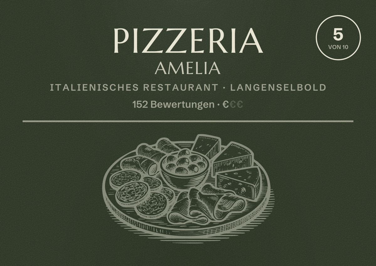 Illustriertes Poster von Pizzeria Amelia, Italienisches Restaurant in Langenselbold: Bewertung 5 von 10 aus 152 Bewertungen, Preisniveau €