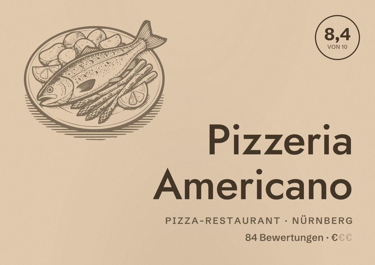 Illustriertes Poster von Pizzeria Americano, Pizza-Restaurant in Nürnberg: Bewertung 8,4 von 10 aus 84 Bewertungen, Preisniveau €