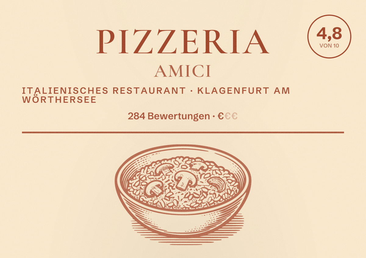 Illustriertes Poster von Pizzeria Amici, Italienisches Restaurant in Klagenfurt am Wörthersee: Bewertung 4,8 von 10 aus 284 Bewertungen, Preisniveau €