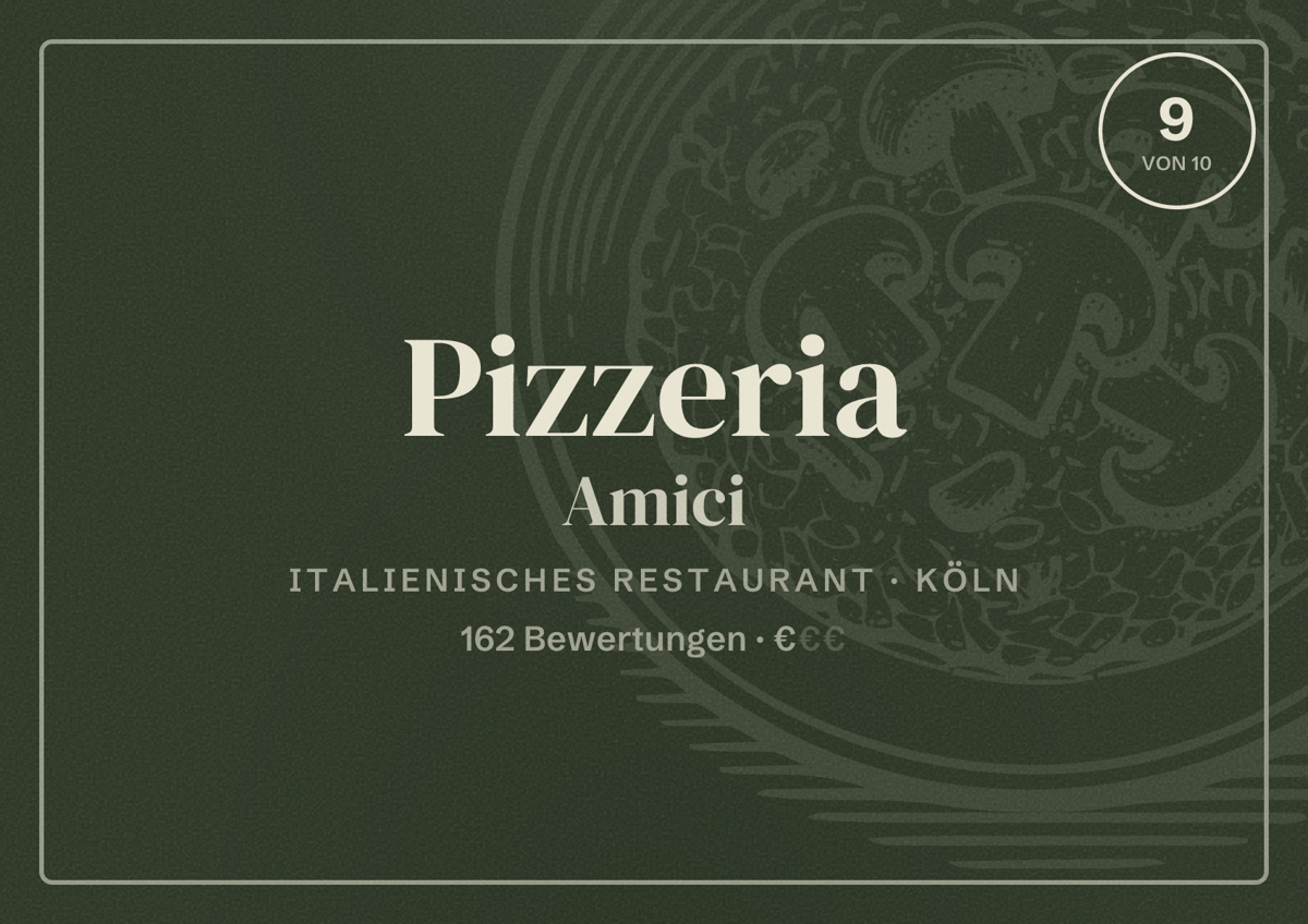 Illustriertes Poster von Pizzeria Amici, Italienisches Restaurant in Köln: Bewertung 9,0 von 10 aus 162 Bewertungen, Preisniveau €