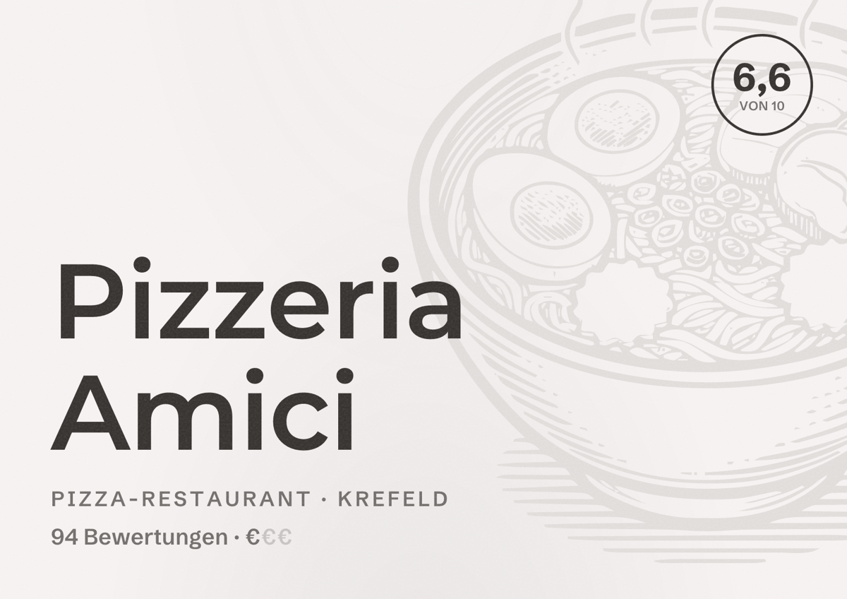 Illustriertes Poster von Pizzeria Amici, Pizza-Restaurant in Krefeld: Bewertung 6,6 von 10 aus 94 Bewertungen, Preisniveau €