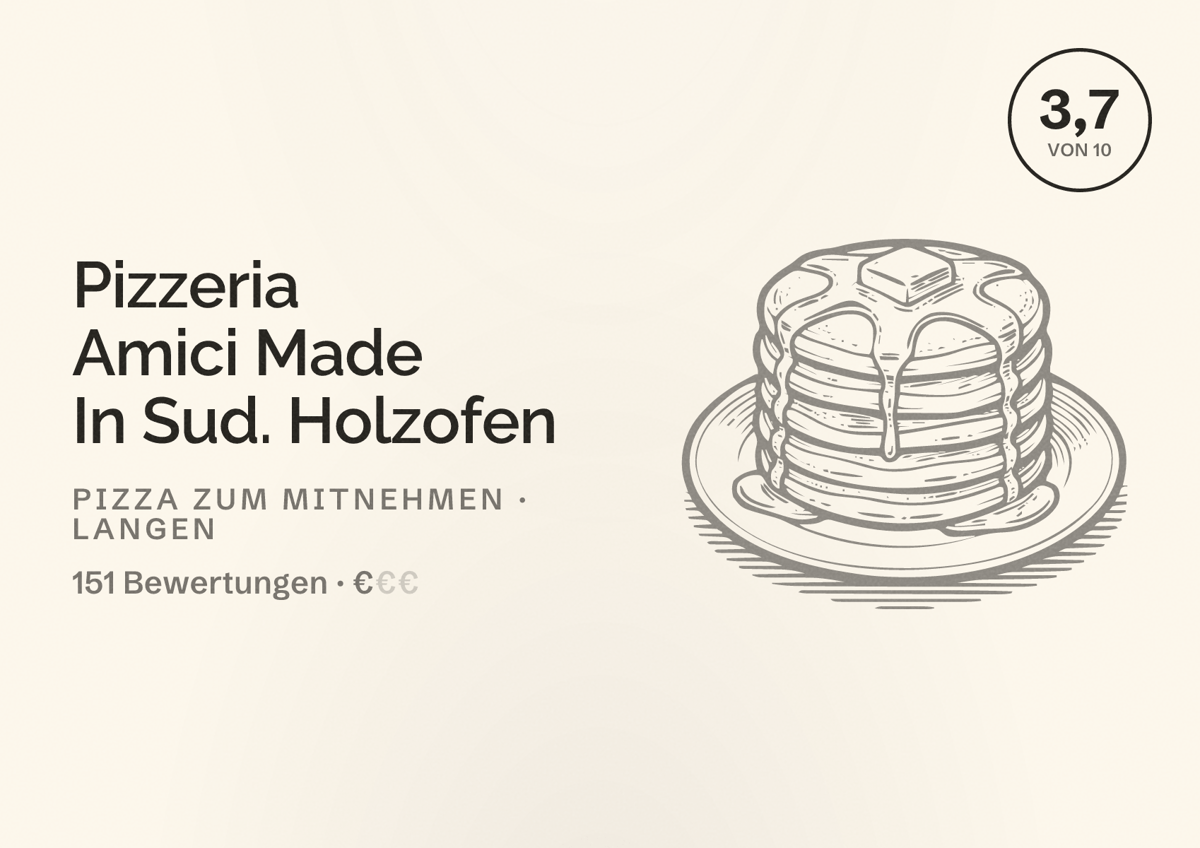 Illustriertes Poster von Pizzeria Amici Made In Sud. Holzofen, Pizza zum Mitnehmen in Langen: Bewertung 3,7 von 10 aus 151 Bewertungen, Preisniveau €