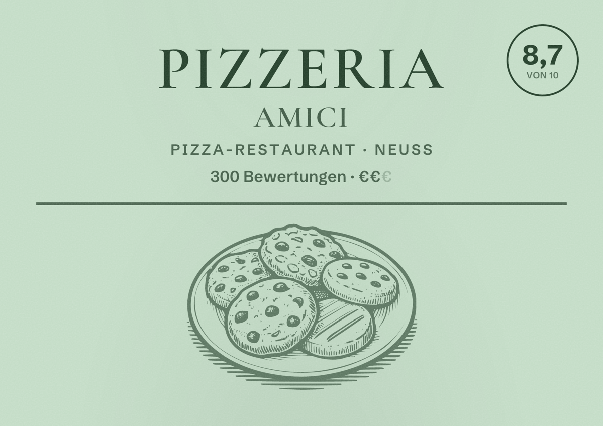 Illustriertes Poster von Pizzeria Amici, Pizza-Restaurant in Neuss: Bewertung 8,7 von 10 aus 300 Bewertungen, Preisniveau €€