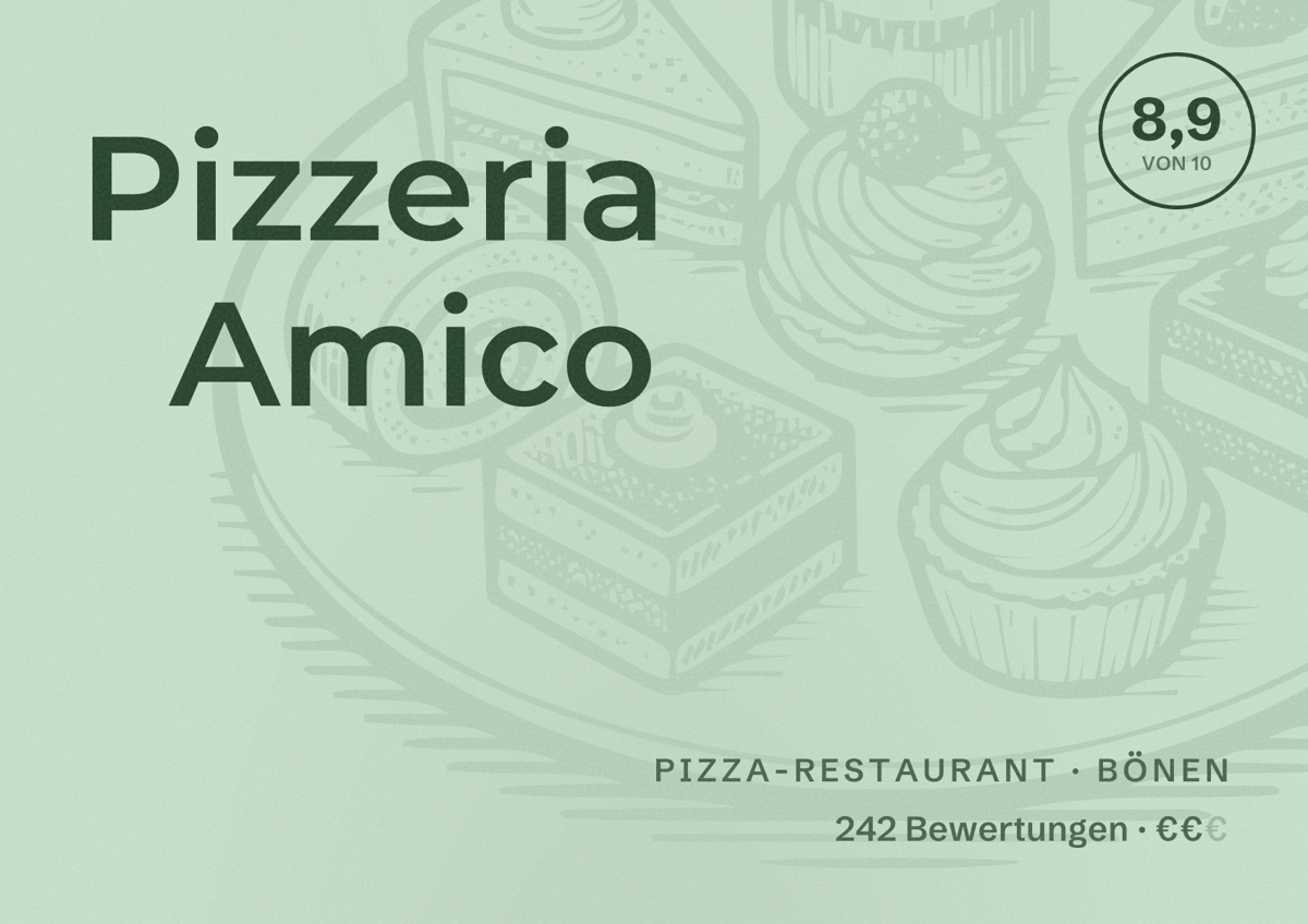 Illustriertes Poster von Pizzeria Amico, Pizza-Restaurant in Bönen: Bewertung 8,9 von 10 aus 242 Bewertungen, Preisniveau €€