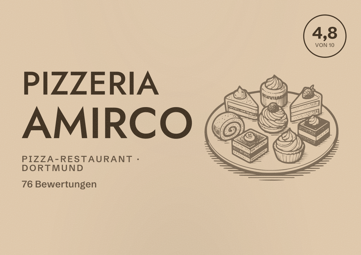 Illustriertes Poster von Pizzeria Amirco, Pizza-Restaurant in Dortmund: Bewertung 4,8 von 10 aus 76 Bewertungen