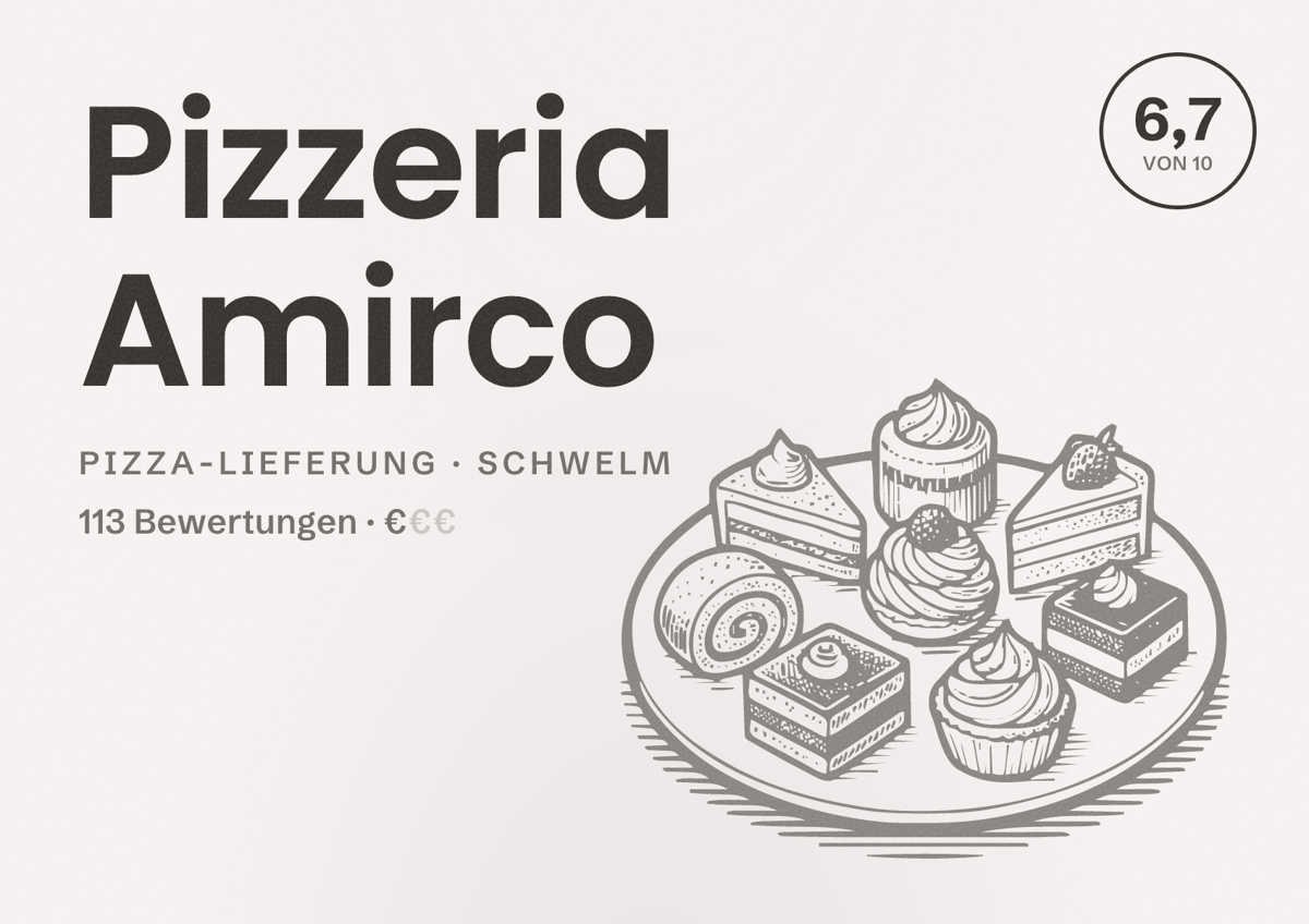Illustriertes Poster von Pizzeria Amirco, Pizza-Lieferung in Schwelm: Bewertung 6,7 von 10 aus 113 Bewertungen, Preisniveau €
