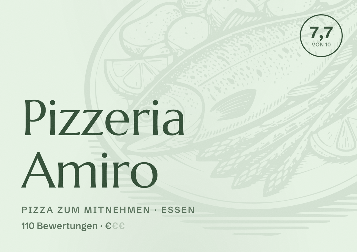 Illustriertes Poster von Pizzeria Amiro, Pizza zum Mitnehmen in Essen: Bewertung 7,7 von 10 aus 110 Bewertungen, Preisniveau €