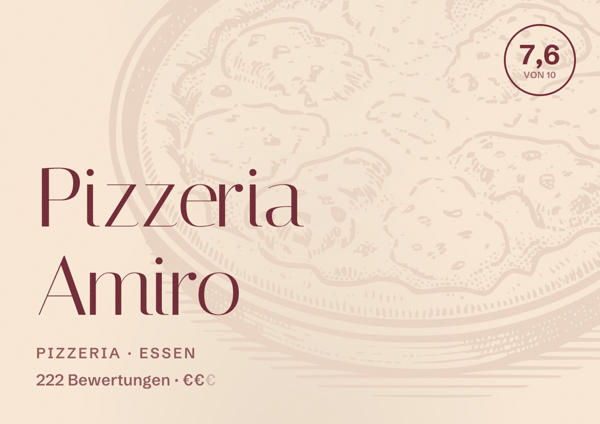 Illustriertes Poster von Pizzeria Amiro, Pizzeria in Essen: Bewertung 7,6 von 10 aus 222 Bewertungen, Preisniveau €€