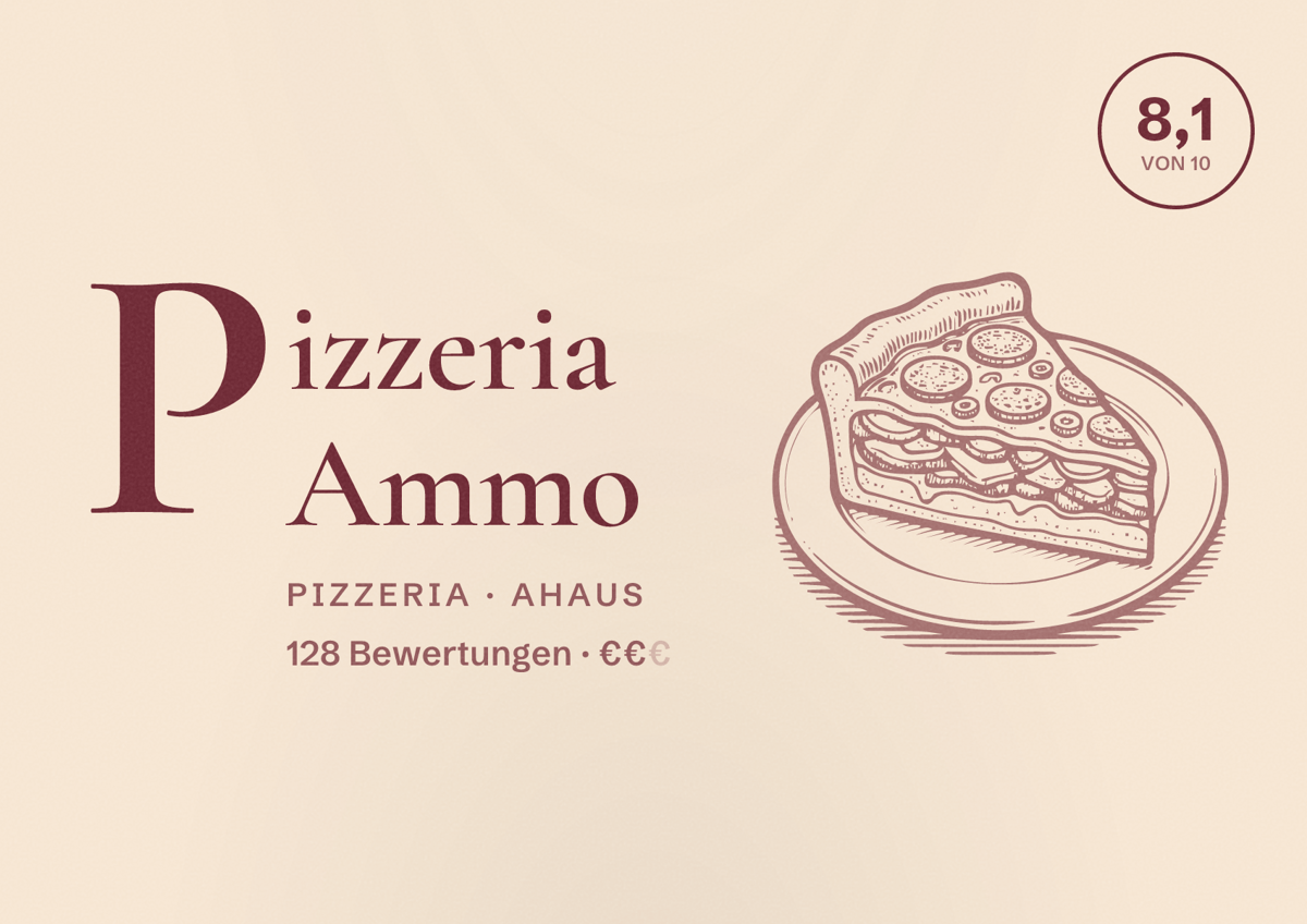 Illustriertes Poster von Pizzeria Ammo, Pizzeria in Ahaus: Bewertung 8,1 von 10 aus 128 Bewertungen, Preisniveau €€