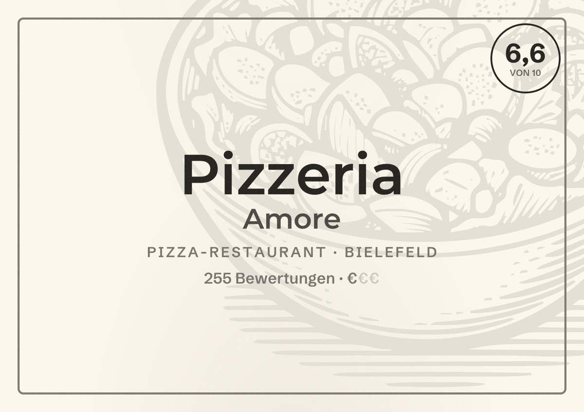 Illustriertes Poster von Pizzeria Amore, Pizza-Restaurant in Bielefeld: Bewertung 6,6 von 10 aus 255 Bewertungen, Preisniveau €