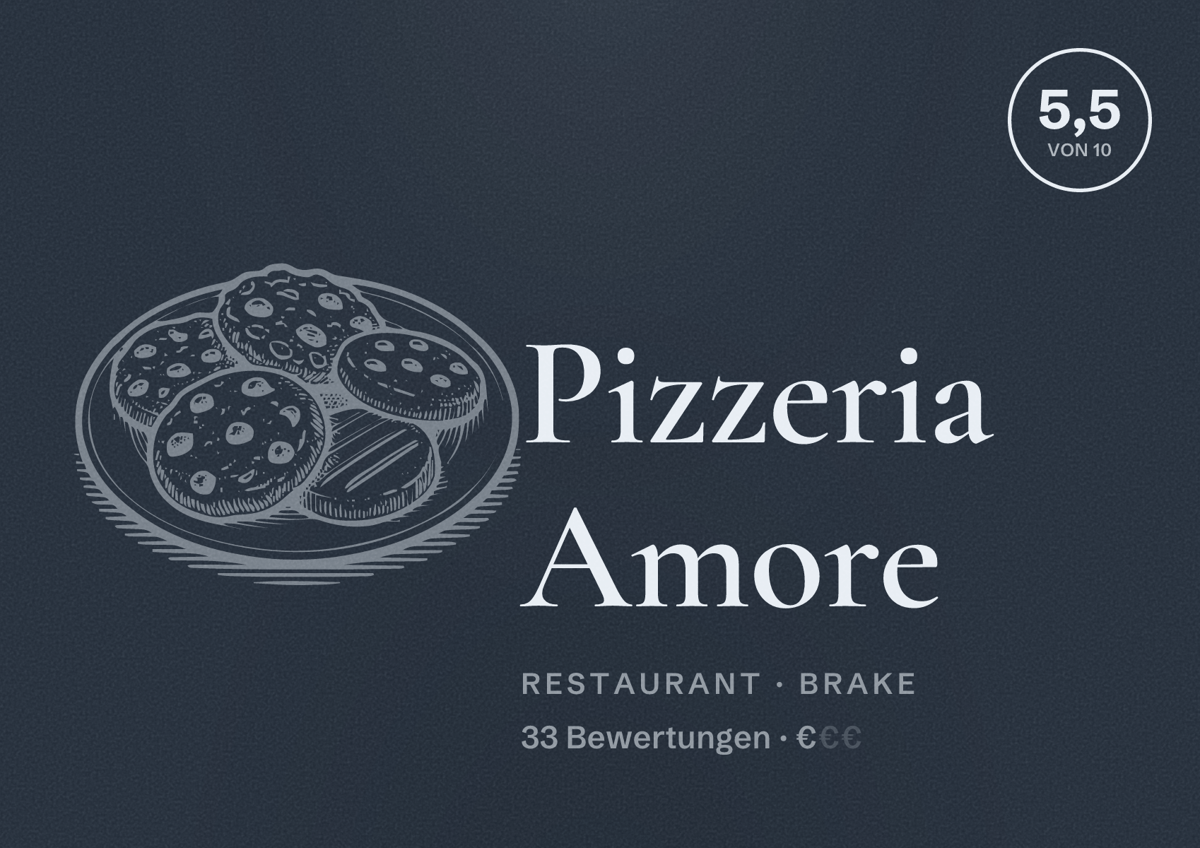 Illustriertes Poster von Pizzeria Amore, Restaurant in Brake: Bewertung 5,5 von 10 aus 33 Bewertungen, Preisniveau €
