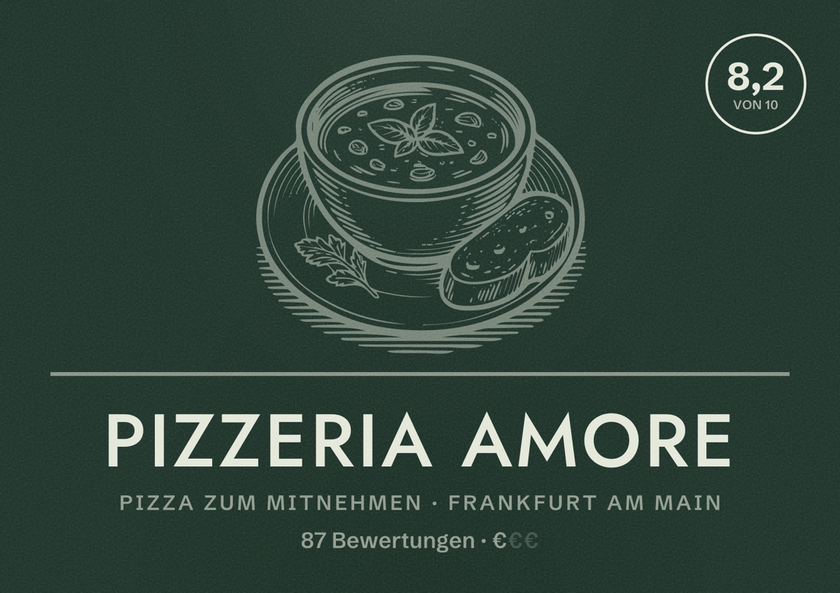 Illustriertes Poster von Pizzeria Amore, Pizza zum Mitnehmen in Frankfurt am Main: Bewertung 8,2 von 10 aus 87 Bewertungen, Preisniveau €
