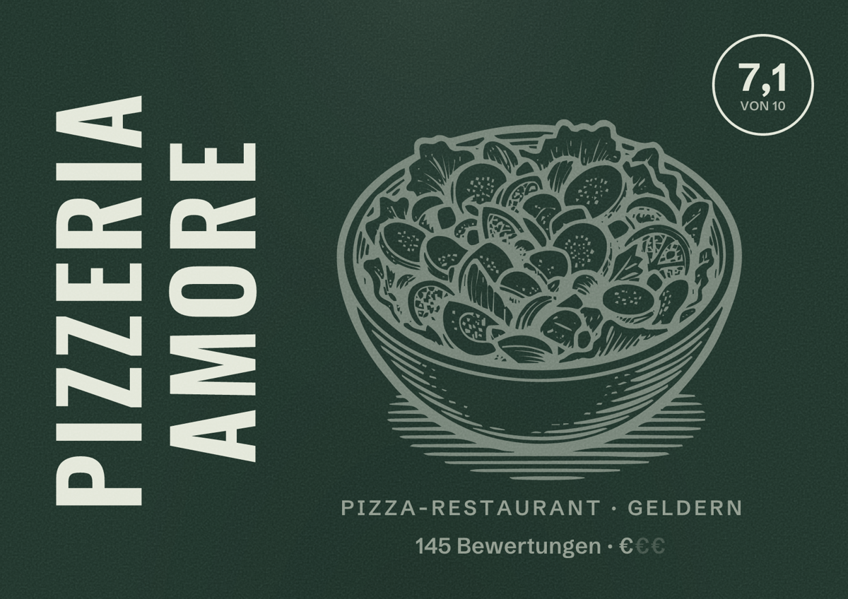 Illustriertes Poster von Pizzeria Amore, Pizza-Restaurant in Geldern: Bewertung 7,1 von 10 aus 145 Bewertungen, Preisniveau €