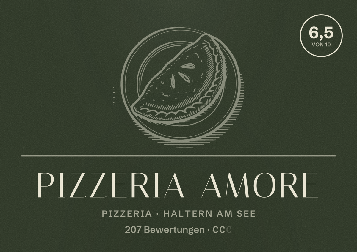 Illustriertes Poster von Pizzeria Amore, Pizzeria in Haltern am See: Bewertung 6,5 von 10 aus 207 Bewertungen, Preisniveau €€