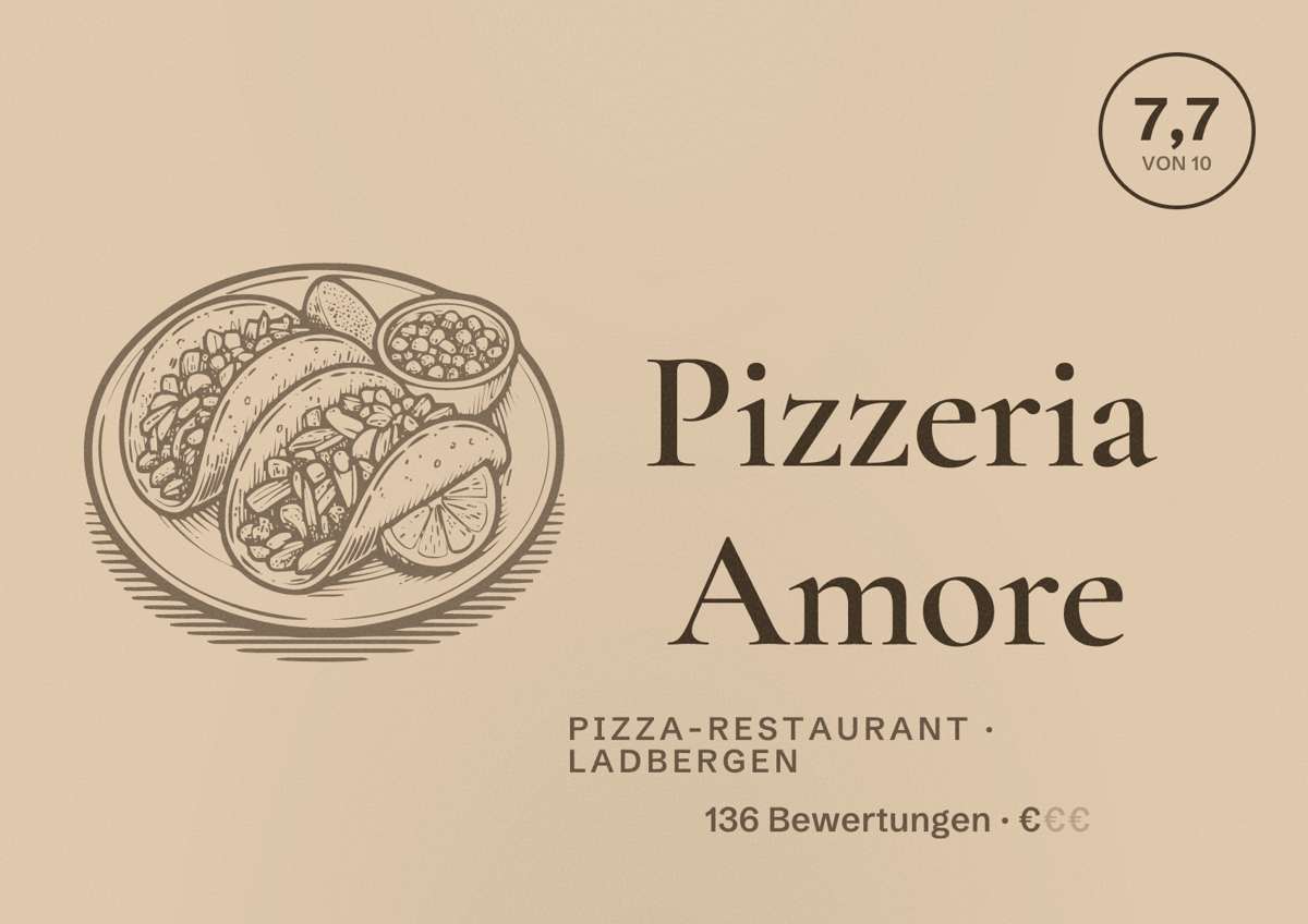 Illustriertes Poster von Pizzeria Amore, Pizza-Restaurant in Ladbergen: Bewertung 7,7 von 10 aus 136 Bewertungen, Preisniveau €