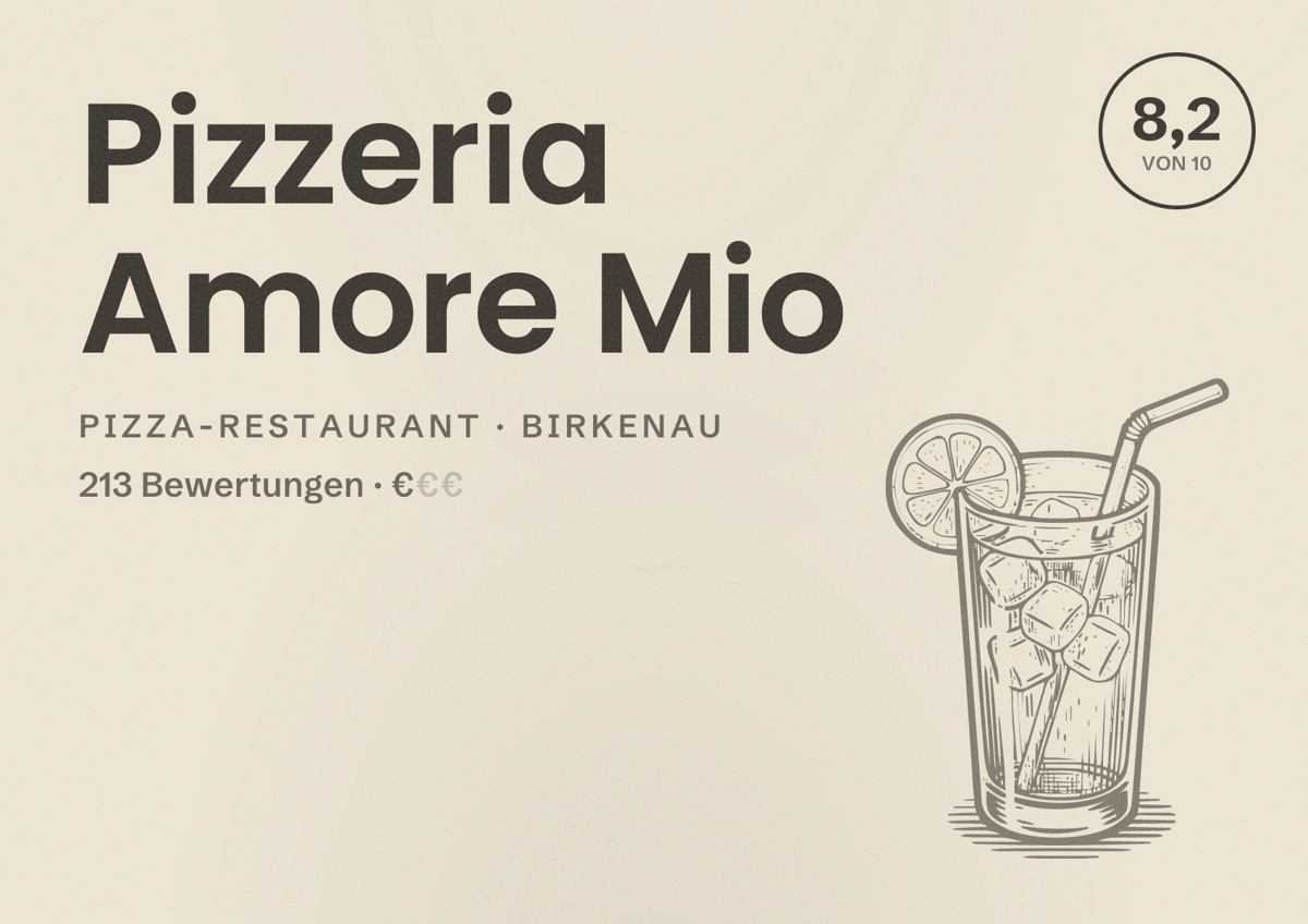 Illustriertes Poster von Pizzeria Amore Mio, Pizza-Restaurant in Birkenau: Bewertung 8,2 von 10 aus 213 Bewertungen, Preisniveau €