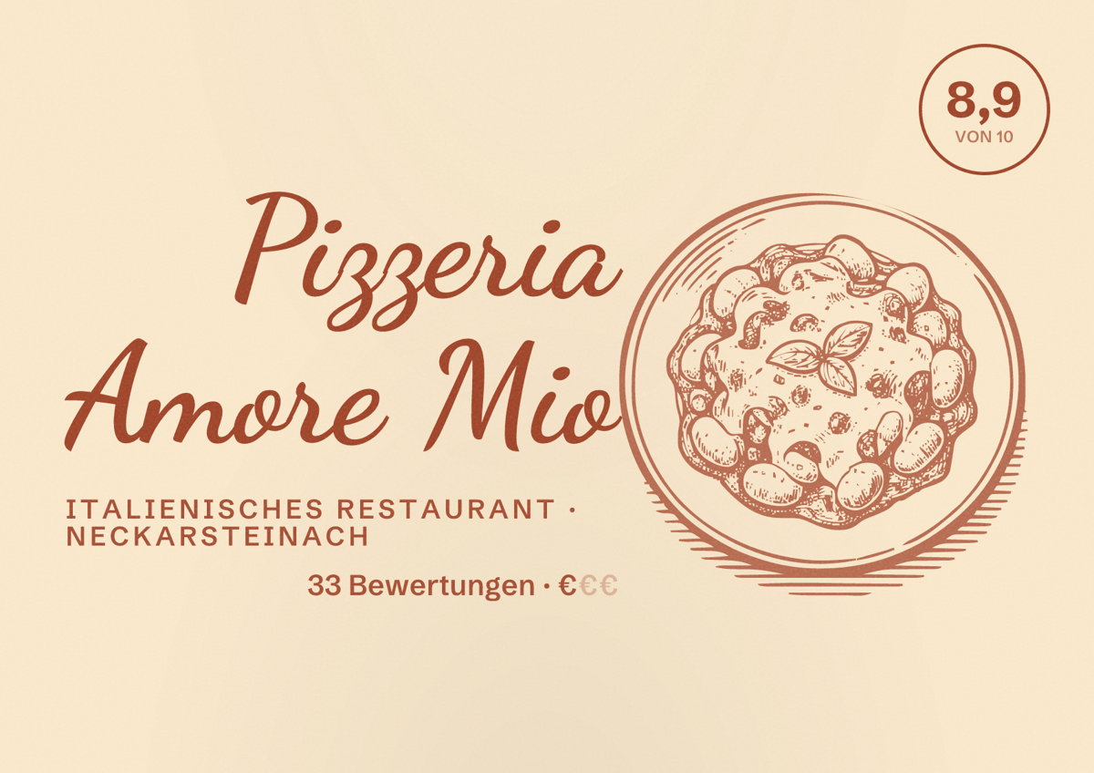 Illustriertes Poster von Pizzeria Amore Mio, Italienisches Restaurant in Neckarsteinach: Bewertung 8,9 von 10 aus 33 Bewertungen, Preisniveau €