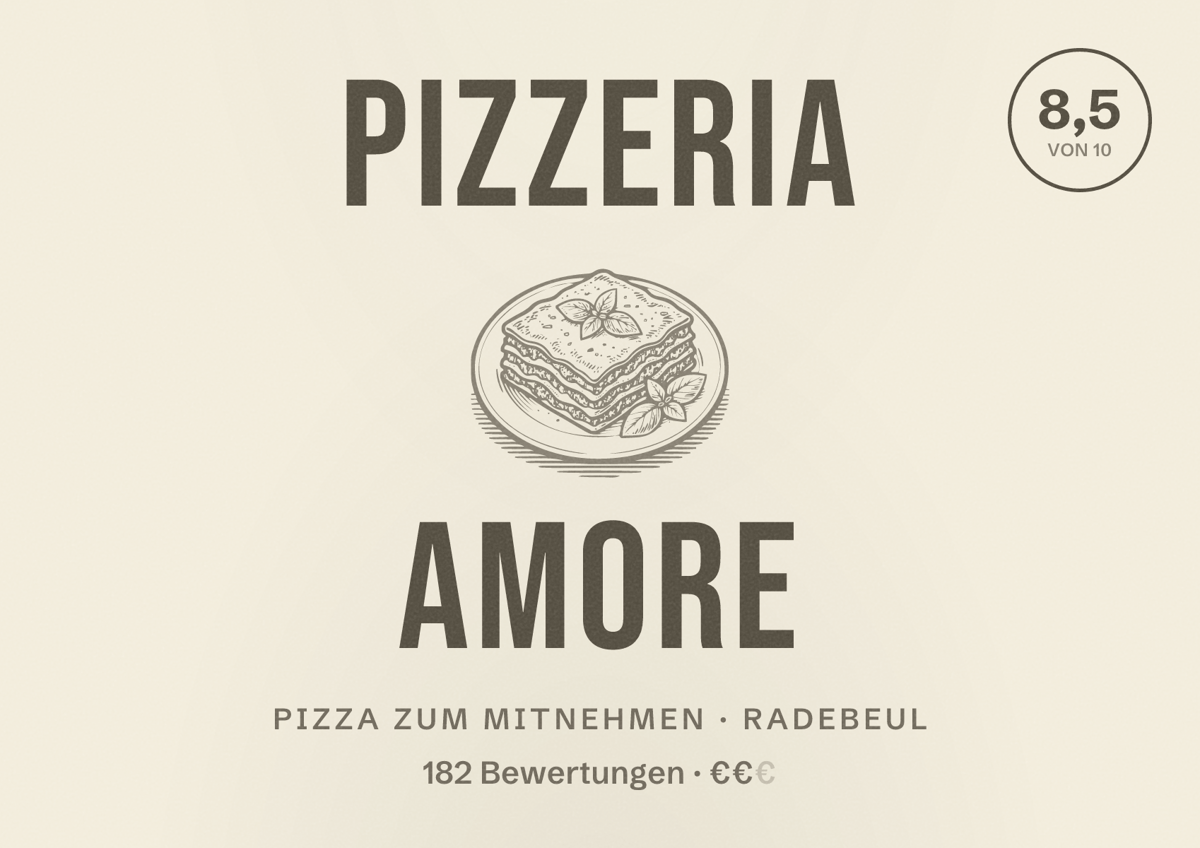 Illustriertes Poster von Pizzeria Amore, Pizza zum Mitnehmen in Radebeul: Bewertung 8,5 von 10 aus 182 Bewertungen, Preisniveau €€