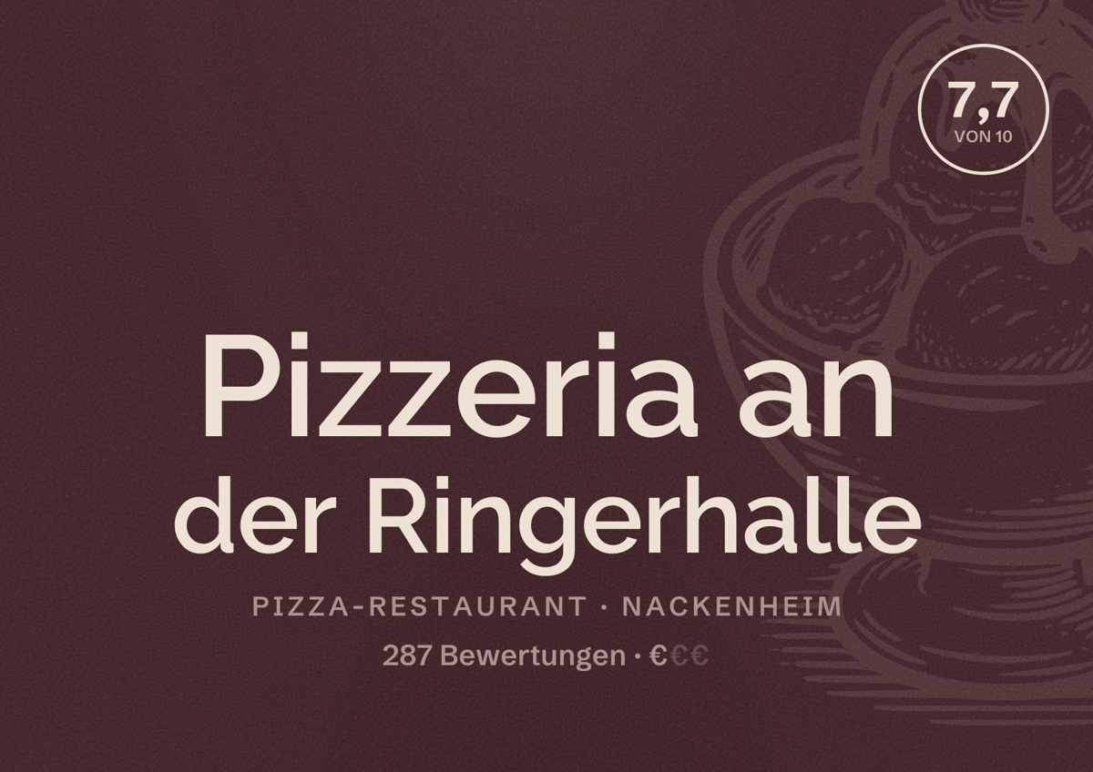 Illustriertes Poster von Pizzeria an der Ringerhalle, Pizza-Restaurant in Nackenheim: Bewertung 7,7 von 10 aus 287 Bewertungen, Preisniveau €