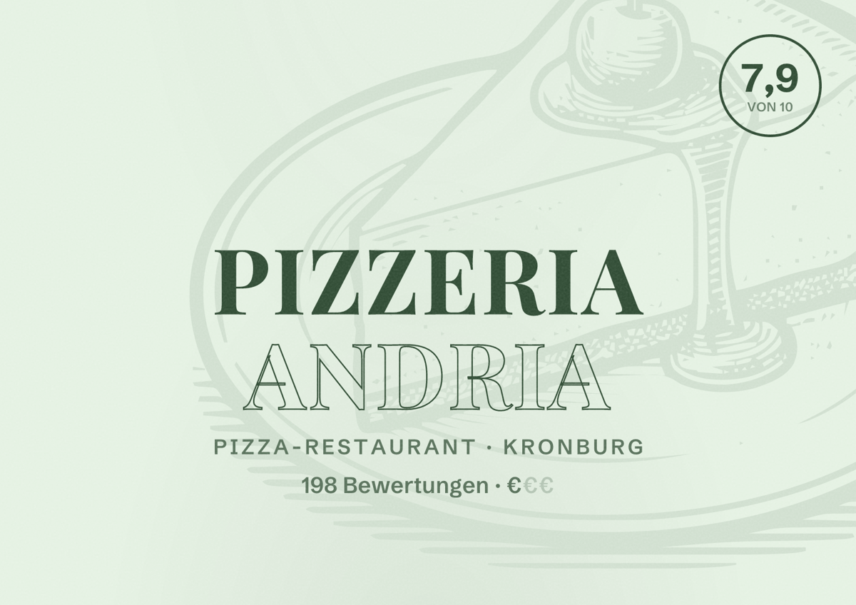 Illustriertes Poster von Pizzeria Andria, Pizza-Restaurant in Kronburg: Bewertung 7,9 von 10 aus 198 Bewertungen, Preisniveau €