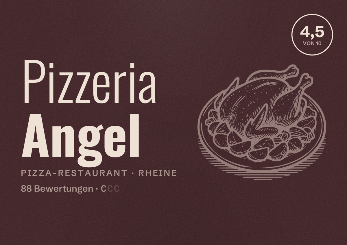 Illustriertes Poster von Pizzeria Angel, Pizza-Restaurant in Rheine: Bewertung 4,5 von 10 aus 88 Bewertungen, Preisniveau €