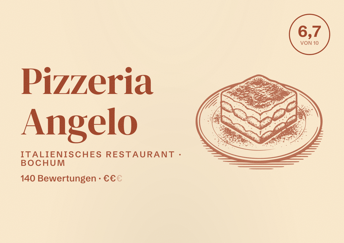 Illustriertes Poster von Pizzeria Angelo, Italienisches Restaurant in Bochum: Bewertung 6,7 von 10 aus 140 Bewertungen, Preisniveau €€