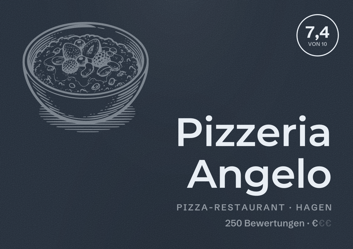 Illustriertes Poster von Pizzeria Angelo, Pizza-Restaurant in Hagen: Bewertung 7,4 von 10 aus 250 Bewertungen, Preisniveau €