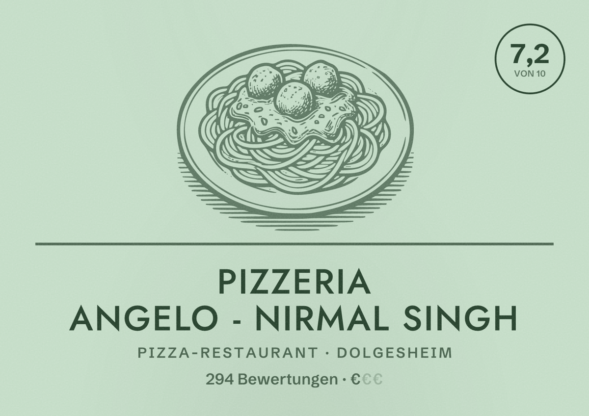 Illustriertes Poster von Pizzeria Angelo - Nirmal Singh, Pizza-Restaurant in Dolgesheim: Bewertung 7,2 von 10 aus 294 Bewertungen, Preisniveau €